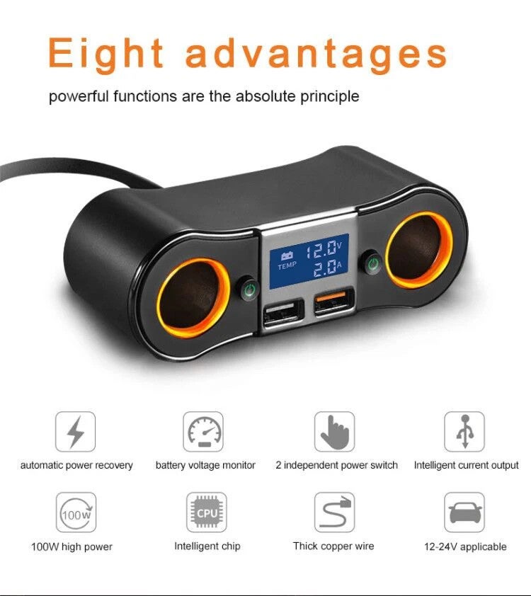 Bluejw 80W Car Charger Adapter Socket Splitter - 3.1A Dual USB Ports, LED Voltage Display, On/Off Switch Cigarette Lighter Automobile Charger - Image 4